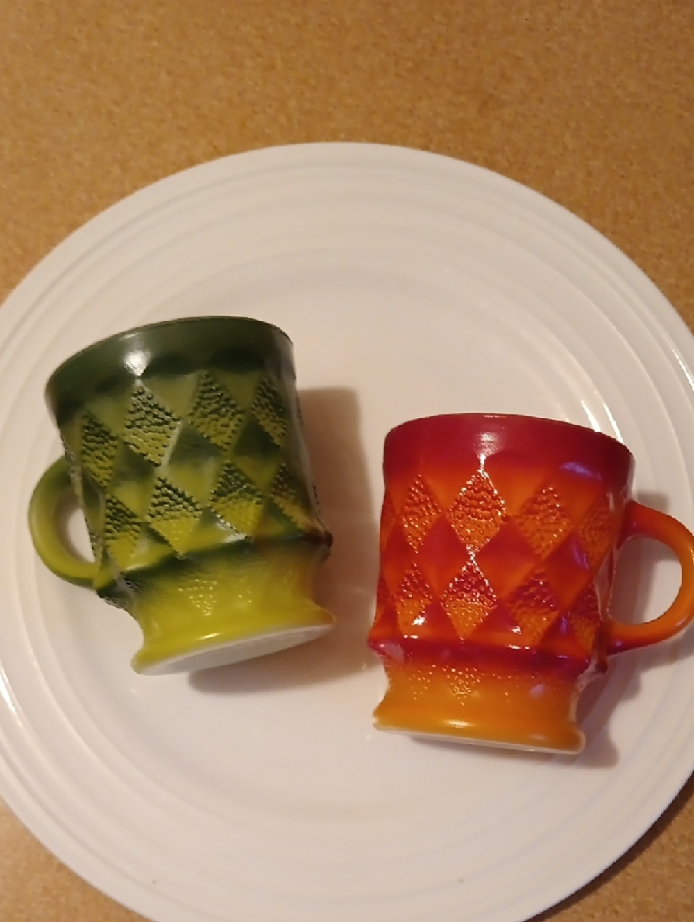 Vintage Retro Anchor Hocking USA Fire King Mugs Set of 2 Green Orange Diamond